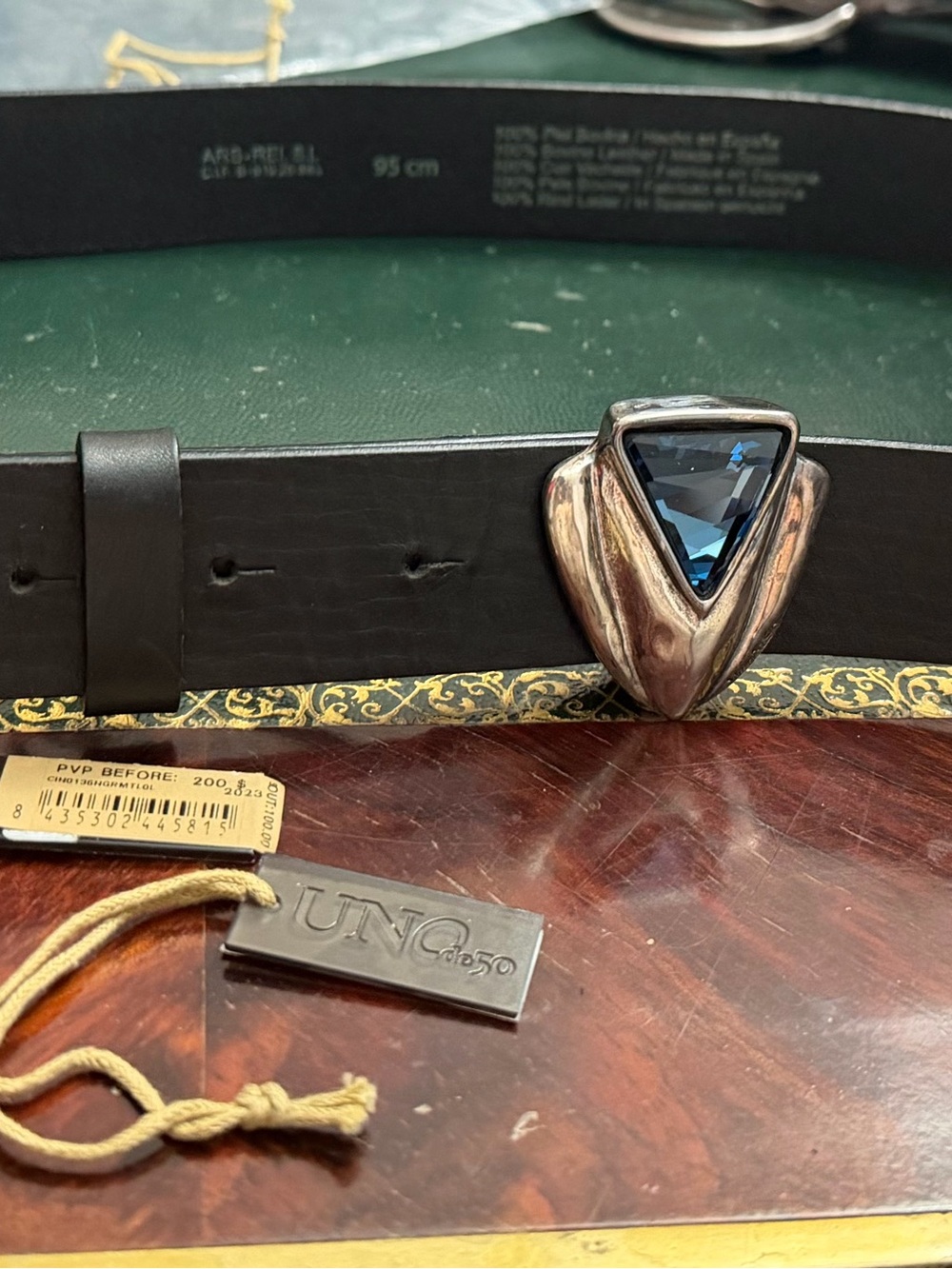 UNO de 50 Black Leather Belt with Blue Crystal and Silver-Tone Shield Buckle